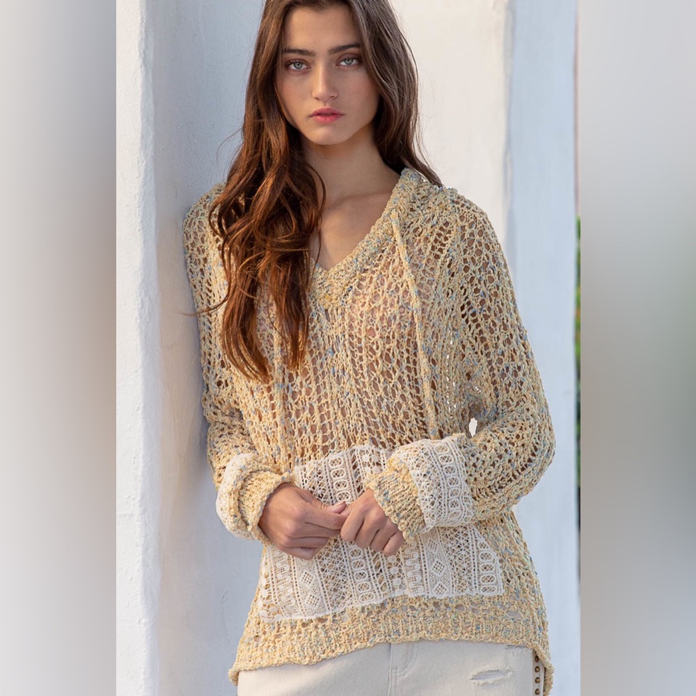 POL Yellow Powder Banana Crochet Knit Hoodie Sweater - Picture 6 of 7